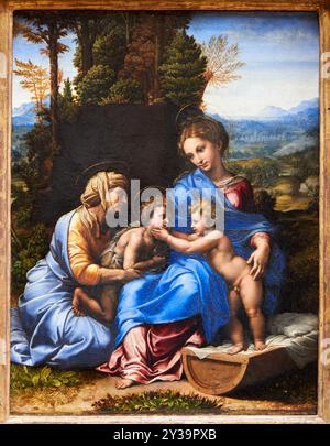 Die Jungfrau und das Kind, die Heilige Elisabeth und der Säugling Johannes der Täufer in einer Landschaft, bekannt als die kleine Heilige Familie, Öl auf Platte, um 1516-1 Stockfoto