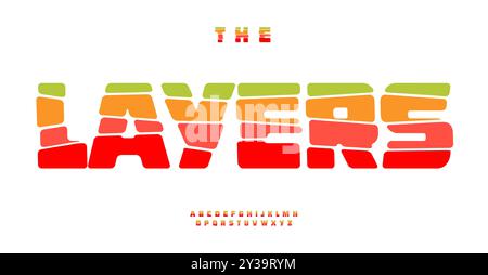 Buntes, farbenfrohes Alphabet, fröhliche, mehrschichtige Buchstaben erinnern an abgeschnittene Schichten oder geologische Horizonte. Schriftart für Kinderbuch, lustiges Logo, fröhliche Überschrift. Einfach Stock Vektor