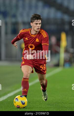 Roma, Italien. Januar 2024. Foto Alfredo Falcone/LaPresse 07 Gennaio 2024 - Roma, Italia - Sport, calcio - Roma vs Atalanta - Campionato italiano di calcio Serie A TIM 2023/2024 - Stadio Olimpico di Roma. Nella Foto: Nicola Zalewski (59 AS Roma) Foto Alfredo Falcone/LaPresse 07. Januar 2024 Rom, Italien - Sport, Fußball - Roma vs Atalanta - italienische Fußballmeisterschaft der Serie A 2023/2024 - Olympisches Stadion în Rom. Im Bild: Nicola Zalewski (59 ALS Roma) Credit: LaPresse/Alamy Live News Stockfoto