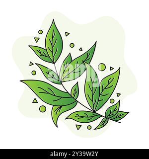 Grüne Teeblätter Illustration mit geometrischen Akzenten, natürliches und minimalistisches Design, isoliert auf weißem Hintergrund Stock Vektor