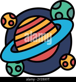 Eine bunte Zeichnung eines Planeten mit einem blauen Ring um ihn herum. Der Planet ist von vier anderen Planeten umgeben, von denen jeder eine andere Farbe hat. Die Zeichnung ha Stock Vektor
