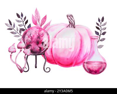 Rosafarbener Kürbis, Flasche mit rosa Flüssigkeit, giftige Pilze, magische Kugel der Vorhersagen für geheimnisvolle Wahrsagungen. Isoliertes Clipart für ausschneiden Stockfoto