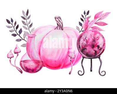 Rosafarbener Kürbis, Flasche mit rosa Flüssigkeit, giftige Pilze, magische Kugel der Vorhersagen für geheimnisvolle Wahrsagungen. Isoliertes Clipart für ausschneiden Stockfoto