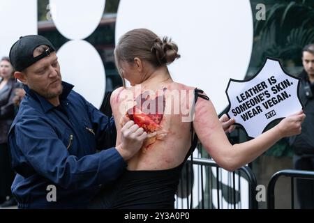 London, Großbritannien. 13. September 2024. People for the Ethical Treatment of Animals (PETA) führen einen Stunt vor einer Veranstaltung der London Fashion Week in 180 Studios in Strand durch, schälen die Haut von einem schreienden Model, verurteilen die Verwendung von Leder durch die Modebranche und befürworten vegane Alternativen. Das Modell trägt ein Plakat, auf dem steht: „Leder ist jemandes Haut. Tragen Sie vegan. Quelle: Ron Fassbender/Alamy Live News Stockfoto