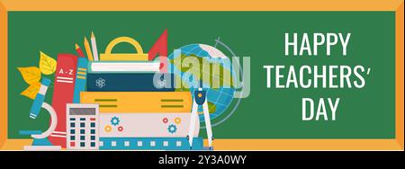 Horizontales Banner für den internationalen Lehrertag mit Schulausstattung und Tafel. Stock Vektor