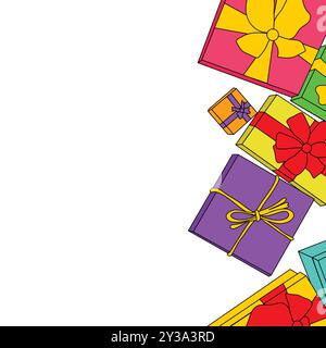 Bunte handgezeichnete Geschenkboxen Illustration mit Kopierraum, isoliert auf weißem Hintergrund Stock Vektor