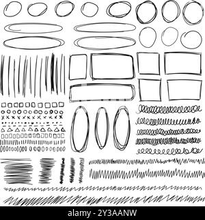 Pfeile, Kreise und abstraktes Doodle-Symbol im handgezeichneten Stil. Handgefertigte gemalte Vektorillustration auf isoliertem Hintergrund. Scribble-Elemente signalisieren Busin Stock Vektor