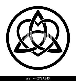 Verflochtenes Triquetra, verwoben mit Herzsymbol, innerhalb eines Kreisrahmens. Keltischer Knoten und dreieckige Figur, verwendet in alten christlichen Ornamenten. Stockfoto