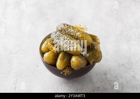 Leckere hausgemachte eingelegte Gurken in einer braunen Keramikschale auf grauem, strukturiertem Hintergrund Stockfoto