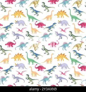 Nahtloses Muster mit hellen Dinosauriern, einschließlich T-rex, Brontosaurus, Triceratops, Velociraptor, Pteranodon, Allosaurus usw. Isoliert auf weißem Trend Stock Vektor