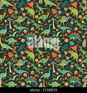Nahtloses Muster mit hellen Dinosauriern und grünen Pflanzen einschließlich T-rex, Brontosaurus, Triceratops, Velociraptor, Pteranodon, Allosaurus usw. Stock Vektor