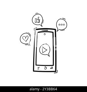 Mobile Videowiedergabe, Social Media Share Symbol Doodle Illustration Stock Vektor