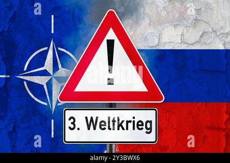 Bayern, Deutschland - 13. September 2024: Steht der 3. Weltkrieg kurz vor Eskalation im NATO-Russland-Konflikt droht Putin mit Vergeltung, wenn NATO-Waffen Langstreckenraketen russisches Territorium erreichen. FOTOMONTAGE *** Droht der 3. Putin droht mit Vergeltung, wenn Waffen der NATO-Staaten Langstreckenraketen russisches Gebiet erreichen. FOTOMONTAGE Stockfoto