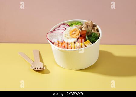 Hawaiianischer Poke Bowl Salat auf rosa und gelbem Hintergrund Stockfoto