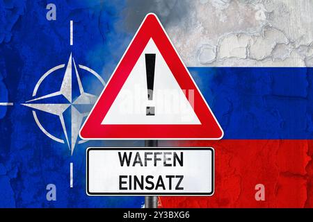 Bayern, Deutschland - 13. September 2024: Russland stellt Ultimaten über den Einsatz von Waffen auf russischem Territorium durch die NATO und erklärt möglichen Krieg mit dem Westen und den NATO-staaten oder -Ländern. PHOTOMONTAGE *** Russland setzt Ultimatum zum Einsatz von Waffen auf russischem Gebiet durch die NATO und erklärt mögliche Krieg mit dem Westen und den NATO-Staaten bzw. Länder. FOTOMONTAGE Stockfoto