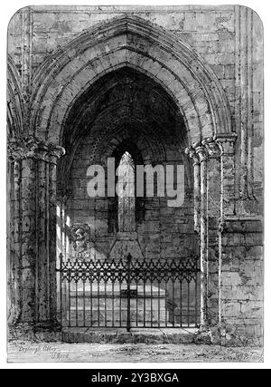 Das Grab von Scott in der Dryburgh Abbey, 1871. Der schottische Schriftsteller Sir Walter Scotts Grab, unter einem Bogen von St. Mary's Aisle, in den Ruinen der Dryburgh Abbey in Berwickshire, Schottland. Aus Illustrated London News, 1871. Stockfoto