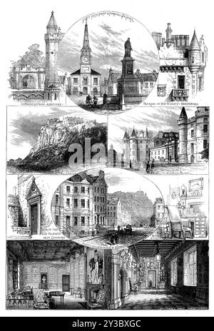 The Scott Centenary Festival: Orte assoziiert mit [Sir Walter] Scotts Leben und Werke, 1871. Gravuren von '... dem Innern des Saals und der Bibliothek in Abbotsford [Scotts Haus] und des Eingangstors; dem Fenster von Sir Walters Schlafzimmer in diesem prächtigen Herrenhaus, wo er sich täglich früh aufmachte, um die frischen Gedanken zu schreiben, die ihm mit dem Morgen in den Sinn kamen; dem Stadthaus, Nr. 39, Castle-Street, Edinburgh, die er fünf Monate im Jahr besetzte, als er dort durch seine offiziellen Pflichten gehalten wurde; die Tür des alten Edinburgh Prison, oder Tolbooth, genannt „das Herz von Mid-Lothian,&q Stockfoto