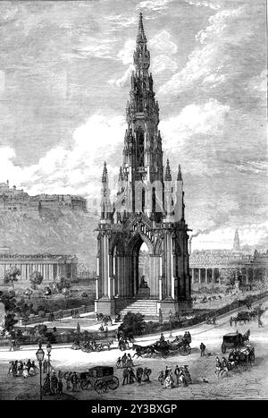 Das Scott Monument, Edinburgh, 1871. Viktorianisches gotisches Denkmal für den schottischen Schriftsteller Sir Walter Scott in Princes Street Gardens. Entworfen von George Meikle Kemp, wurde es aus Binny-Sandstein gebaut. Es ist ein offener gotischer Schrein, um eine Statue zu bedecken. Vier große Bögen in frühenglischer Form, die von der Spitze der Säulen entspringen, stützen ein gekreuztes und gewölbtes Dach, das mit geschnitzten Bossen und einem reich verzierten Anhänger oder Tropfen in der Mitte verziert ist. Außen, in jedem der vier Winkel, ist eine Stütze, die durch einen Bogen mit der Hauptstruktur verbunden ist, alle auf dieselbe Weise verziert. Stockfoto