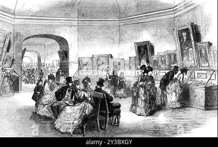 The Scott Centenary: Ausstellung von Porträts und Reliquien in Edinburgh, 1871. Sehen Sie sich das Innere der "...Leihausstellung mit Bildern, Skulpturen, Manuskripten und verschiedenen Reliquien an, die mit Sir Walter Scotts Leben und Werken verbunden ist, die in den Galerien der Royal Scottish Academy eröffnet wurde... im North Room, wo die Aquarellzeichnungen normalerweise in der jährlichen Ausstellung der Royal Scottish Academy platziert werden, gibt es mehrere Statuen und Büsten von Scott und das Originalmodell des Architekten George Meikle Kemp, des Scott Monats. Eine Kopie, in Stockfoto