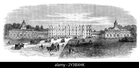 Hopetoun House, besucht von der British Association, 1871. Eine Gruppe von etwa 80 Personen besuchte Hopetoun House und Dalmeny Park und erlebte die Gastfreundschaft der Earls of Hopetoun und Rosebery. Dieser Ausflug schien der Favorit unter den Vereinsmitgliedern zu sein, da die Anträge auf Tickets drei- bis viermal höher waren als die Anzahl, auf die die Gruppe beschränkt war. Ausgehend von offenen Beförderungen von der Royal Institution kurz nach elf Uhr fuhren die Ausflügler...zum Hopetoun House...bei der Ankunft wurden die Besucher über die öffentlichen Räume und Kuchen gezeigt Stockfoto