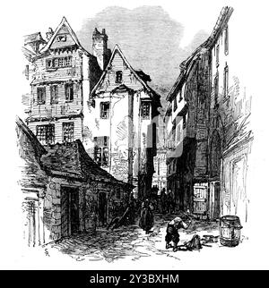 Straße in Morlaix, Bretagne, 1871. "Der kleine Seehafen von Morlaix, im Departement Finisterre, wird... eine sehr gute Vorstellung der bretonischen Architektur geben, wie auch der Gewohnheiten und der Erscheinung der einfachen Bauernschaft... Morlaix besitzt den dauerhaften Charme der Lage, der glücklicherweise nicht modernisiert oder auf das utilitaristische Muster reduziert werden kann. In einem Tal gelegen, stützen sich die beiden Seiten auf den felsigen Hügeln, die ihren Hintergrund bilden, oder heben sich mit Terrassengärten auf die Höhen ab, die auf die Stadt blicken. Die Häuser sind, wie die Gravur zeigt, mit Projektin gebaut Stockfoto