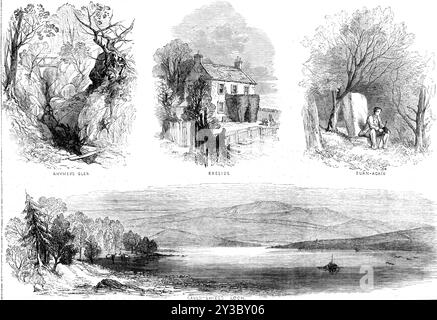 The Scott Centenary: Views at Abbotsford, 1871. "...in dem angeblich "Rhymer's Glen", [war], wo der wahre Thomas von Ercildoun ein Interview mit der Feenkönigin hatte...er war eine echte Persönlichkeit, Thomas Learmont, ein schottischer Ritter... des 13. Jahrhunderts...Kae Seite wurde seitdem stark verändert; das ursprüngliche Häuschen, in dem Laidlaw viele Kapitel aus Scotts Diktat schrieb, wurde in einen untergeordneten Teil eines größeren Hauses umgewandelt... die Scotts... wandten sich vom Fluss ab, den ihre Feinde ihnen daran hinderten zu überqueren, und sie rannten den Hügel entlang der Kae-Seite, dem östlichen Teil dessen Stockfoto