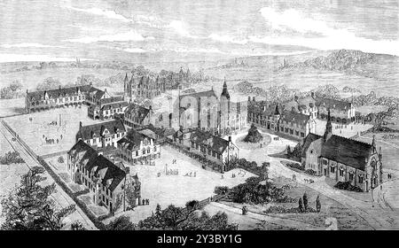 Das London Orphan Asylum, Watford, 1871. Diese "schöne Reihe von Bauwerken, die vor der Londoner und dem Nordwestbahnhof in Watford liegen... wurde diese Woche von 450 Kindern besetzt... das Gebäude, das der Eisenbahn am nächsten liegt, ist die Kapelle... der administrative Teil des Gebäudes... enthält den Sitzungssaal, den Besucherraum, die Bibliothek und andere Büros, sowie die provisorische Krankenstation... rechts vom Verwaltungsblock ist das Mädchenviereck. Das Hauptgebäude... verfügt über einen Musikraum, mit abgetrennten Räumen für separate Übungsräume, Arbeitszimmer, Wohnzimmer, Schulzimmer, Wohnraum für den Kopf Stockfoto