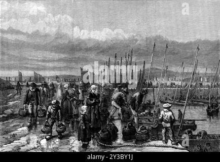 Sardinenfischerei an der Küste der Bretagne, 1871. Blick auf '...die Ankunft der Sardine fleet...in die Bucht von Douarnenez, Finisterre...Douarnenez kann als das „Quartier General“ der großen Sardinenhändler angesehen werden...[hier] gibt es etwa 900 Boote, die [Sardinenfischen] betreiben, jedes mit einer Besatzung von vier Männern und einem Jungen... die Boote fahren zweimal täglich aus; und zu sehen, wie die Flotte am Abend ankommt... ist wirklich ein schöner Anblick. Im Hintergrund befindet sich die anmutige Form des M&#xe9;n&#xe9; Horn, das höchste der Black Mountains mit 1000 ft. Über dem Meeresspiegel. Wir sehen, wie die Boote hochkommen Stockfoto