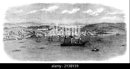 Regatta in Halifax, Nova Scotia: Die Boote kehren nach Halifax zurück, vorbei an Dartmouth, 1871. Gravur einer Skizze von Mr. A. Gilmore vom 61. Regiment. „Das große Rennen mit vier Rudern um die Weltmeisterschaft der Welt, an dem zwei britische Besatzungen (beide von den Tyne) teilnahmen, eine aus den Vereinigten Staaten und drei aus den kanadischen oder britischen amerikanischen Provinzen, fand im Hafen statt... der Kurs ruderte vom Halifax Yacht Club-House zur M'NAB's Island, eine Entfernung von sechs Meilen... die Halifax-Männer konnten die vier Winship nicht überbacken, die anderthalb lang gewonnen hatten; Chambers Crew.“ Stockfoto