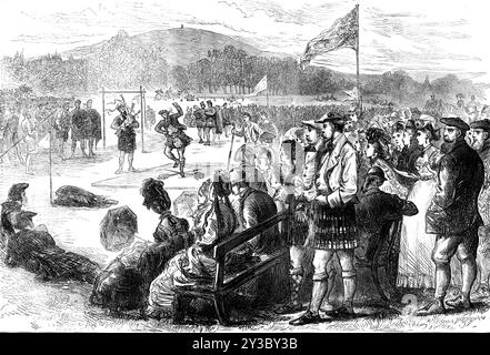 Highland Games in Aboyne, Aberdeenshire, [Schottland], 1871. „Eine Illustration der Hochlandsportarten und sportlichen Übungen, die am 31. August auf dem Grün von Aboyne stattfanden... unter der Schirmherrschaft des Marquis von Huntly. Für die besten Leistungen wurden Preise vergeben, und auch die Auszeichnungen der Meisterschaft wurden gewonnen. Unter Lord Huntys Pächter wurden die Preise für den Hammerwurf, für das „Einlegen“ des Steins, für das Hürdenrennen und für das Tanzen tapfer umstritten. Die Meisterschaft der Dudelsackmusik wurde an den Piper seiner Lordschaft, Cameron, vergeben. Stockfoto