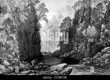 Auf dem Findhorn, 1871. Angeln in Schottland. Blick auf den Teil des Findhorns, der den Fluss auszeichnet, als Einrichtung der mit Abstand exquisitesten Landschaft von Morayshire, und den einige Leute, besonders die Morayshire, als unvergleichlich in Schottland bezeichnen. Die Szene, die unser Künstler skizziert hat, ist ein gutes Beispiel des allgemeinen Charakters - steil, gut bewaldet, reich an herrlichen Pools und Stromschnellen, und was unsere Gravur nicht zeigt, bietet aus den Höhen über den Felsen einen herrlichen Blick auf das Champagnerland dahinter, mit dem blauen Meer des Moray Firth, und weit oben Stockfoto