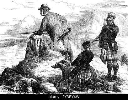 Highland Deerstalking: "Von George! Missed Again“, 1871. "Von allen Sportarten, die in der Saison von Männern betrieben werden, die ihr Vergnügen am Töten von Tieren auf den Bergen und Mooren Nordbriglands suchen, ist der mühsamste und mühsamste wahrscheinlich der des Schützlings auf der Jagd nach dem Rotwild... viele Schriftsteller haben beschrieben, wie man dem schnellen und vorsichtigen Tier nahe genug für einen Schuss herankommt, indem man sich ihm unter der Deckung jedes Felsens, Deichs, ein Büschel Heidekraut,... immer darauf achten, sich an die Leeere der klugen Kreatur zu halten, damit sie nicht zu seiner Beobachtung verraten wird Stockfoto