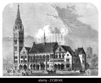 Das neue Rathaus, Rochdale, [Lancashire], 1871. Dieses Gebäude, dessen Grundstein am 31. März 1866 von Mr. John Bright, M.P. gelegt wurde, wurde diese Woche offiziell eröffnet... es ist in drei großen Abteilungen geplant, wobei die beiden Flügel rechtwinklig zum Hauptgebäude stehen. In diesem zentralen Teil befinden sich der Austausch, der Vortragsraum, die große Treppe, der große Saal und die Erfrischungsräume für die öffentliche Nutzung bei bestimmten Anlässen. Im Ostflügel befinden sich der gemeinderat, der Bürgermeistersaal, die Ausschussräume und Büros für den Schatzmeister, den Vermesser, den Stadtschreiber, die Tarifsammler und für o Stockfoto