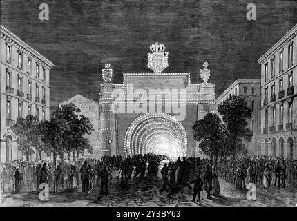 Eröffnung des Mont Cenis-Tunnels: Beleuchtung in Turin, die den Tunnel darstellt, 1871. Feiert die Eröffnung des FR&#xe9;jus-Eisenbahntunnels in den europäischen Alpen, der Bardonecchia in Italien mit Modane in Frankreich verbindet. Blick auf 'ein großes Merkmal der festlichen Beleuchtung, die in der Stadt Turin am Sonntag, dem 17. September, vorbereitet wurden, um die Öffnung des Tunnels zu feiern. In der breiten Durchgangsstraße, genannt Corso del R&#xe8;, die wie die Boulevards einer französischen Stadt ist, und die sich in der Nähe des Bahnhofs befindet, wurde eine enorm lange Reihe von Bögen aus m gebaut Stockfoto