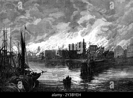 Die Verbrennung von Chicago, 1871. "Das schreckliche Feuer, das den wertvollsten Teil dieser großen Handelsstadt am Ufer des Lake Michigan zerstörte... die Anzahl der zerstörten Häuser und anderen Gebäude beträgt ungefähr 20.000;... der Gesamtschaden an Eigentum wird auf 200.000.000 dols., oder &#xa3;40.000.000 Sterling geschätzt; und es gibt fast 100.000 Menschen, die Hilfe benötigen..."der Wind saugte Feuer durch die Blöcke, rollte Dächer wie Tissue-Papier und verbrannte sie in die Luft." Das Feuer fegte fünf Blöcke entlang des südlichen Abzweigs des Flusses und war von Gebäuden befreit. Diese W Stockfoto