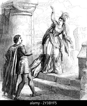 Szene aus "Rebecca", im Drury-Lane Theatre, 1871. Londoner Bühnenproduktion. Mr. Hallidays Adaption von Sir Walter Scotts "Ivanhoe" unter dem Namen "Rebecca" in der Drury Lane scheint dem gegenwärtigen Zustand des öffentlichen Geschmacks zu entsprechen. Es enthält sicherlich einige eindrucksvolle Szenen, und das (im dritten Akt) der Turret Chamber, in der Rebecca (Miss Neilson) Brian de Bois Guilbert (Mr. Dewhurst) trotzt und droht, von der Festung zu springen, ist vielleicht die effektivste. Sie hat, wie wir bereits gesagt haben, ernsthaft gehandelt und ist dementsprechend sehr erfolgreich Stockfoto