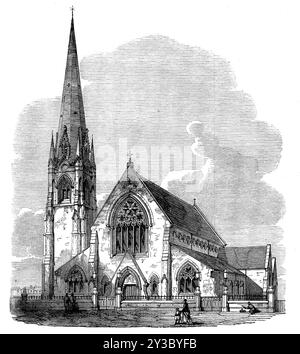 St. James's Church, Camberwell, [South London], 1871. "Um den Wünschen der Bewohner dieses neuen Bezirks gerecht zu werden, wurde eine große, hübsche Kirche errichtet, die dem heiligen Jakobus gewidmet ist, in einer prominenten Lage in der Knatchbullenstraße. Der Stil des Gebäudes ist gotisch, vom geometrisch verzierten Typ... der Turm mit einem Turm 140 ft. Hoch, ist vom Hauptgebäude abgetrennt und an der Wand des Nordschiffs angebracht. Der untere Teil ist in eine Eingangspforte umgewandelt. Es gibt vier weitere Eingänge zur Kirche, der westliche ist ein engagierter Eingang. Tief und schön geformt, Stockfoto