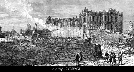 The Ruins of Chicago: The Court-House, 1871. Gravur aus Fotografien der Herren Luplan [sic] und Wulff '...wenige Tage nach dem Brand... der Ruinen vieler großer und kostspieliger Gebäude, die durch den großen Brand vom 8. Oktober zerstört wurden...die große Katastrophe, die diese Stadt in letzter Zeit heimgesucht hat - die plötzliche Zerstörung von 15.000 Häusern, der besten öffentlichen und privaten Gebäude und von Eigentum, das mit einem Wert von &#xa3;40.000.000 Sterling bewertet wurde, mit der Vertreibung von 50.000 Einwohnern, wer woanders nach Hause gesucht hat, wird Chicago nicht ein Ende bereiten. In den nächsten fünf oder sechs Jahren, PR Stockfoto