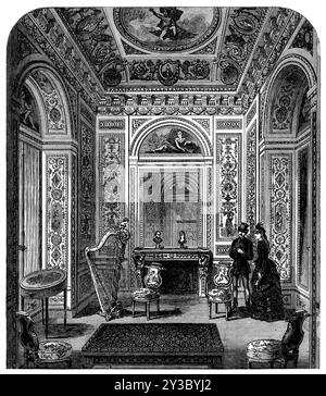 Marie Antoinette's Boudoir, South Kensington Museum, 1871. „Im Museum of the Science and Art Department des Committee of Council on Education in South Kensington [in London] ist eines der Objekte, das häufig die Neugier der Besucher auf sich zieht, Marie Antoinettes Boudoir. Sie wurde vor zwei oder drei Jahren errichtet, am Ende des Kreuzgangs auf der Ostseite des Südhofes, in der Nähe der Sammlung von Exemplaren indischer, chinesischer und japanischer Kunstwerke. Es besteht aus einem kleinen Raum, ca. 13 Fuß. Quadratisch, wunderschön dekoriert an Wänden und Decken, im Stil von Riesner und Gouthi Stockfoto