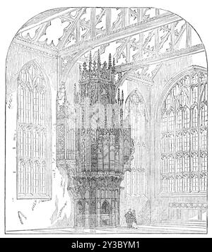 Neue Orgel für St. Mary's Church, Nottingham, 1871. "Die neue Orgel... wurde von Mr. W. T. Best getestet, spielte bei zwei öffentlichen Aufführungen... das Ergebnis war für die Gemeinde am zufriedenstellendsten, für den Pfarrer F. Morse, den Vikar, Mr. Noble, Organist der Kirche, und für Bischof und Starr, die Erbauer der Orgel. Dieses feine Instrument, das &#xa3;12.000 ohne Gehäuse kostet, hat 2422 Rohre und steht 40 m In der Höhe, seine extreme Breite beträgt 25 Fuß. Und seine Tiefe 8 Fuß. Die vorderen Rohre sind aus gepunktetem Metall, die Innenrohre aus drei Teilen führen zu einem Teil Zinn. Der Kompass von Stockfoto