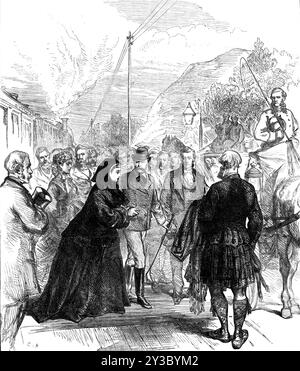 Besuch der Königin beim Prince of Wales: Ankunft an der Wolferton Station, nahe Sandringham, 1871. Queen Victoria reist mit dem Zug von Windsor Castle nach Norfolk, um ihren Sohn '...in zu besuchen, seine Krankheit in Sandringham... der Sonderzug bestand aus einer Lokomotive und sechs Wagen, wobei die beiden Royal Saloons der London and North-Western Railway Company in der Mitte des Zuges platziert wurden. Die Strecke über die South-Western-Strecke führte über Staines, Ashford, Feltham, Hounslow und Brentford zum Kew-Abzweig der North London Line...von dort fuhr her Majesty über die North London Railway nach V Stockfoto