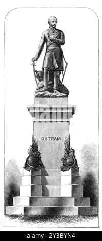 Statue von Sir James Outram, Thames Embankment, [London], 1871. Die Bronzestatue des Generalleutnants Sir James Outram, die in den Gärten des Themse-Ufers errichtet wurde, ist von heldenhafter Größe (die Figur ist 12 Fuß). In der Höhe), und steht auf einem Sockel aus Aberdeen-Granit... der General wird als ruhig auf einem Schlachtfeld stehend dargestellt und schaut ruhig auf die Arbeit, die unter seiner Leitung stattfindet. Seine rechte Hand lehnt sich auf sein Schwert, in der linken hält er ein Teleskop, eine geplatzte Pistole mit zertrümmertem Schuss und Panzer und ein Helm liegen ihm zu Füßen. Mr. Matthew Noble ist der Bildhauer dieser Statue. Stockfoto