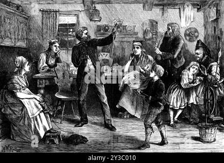 Die Geschichte von Sedan: „Fighting his Battles o’er Again“, 1871. "Wenn wir uns an den zwölfköpfigen Tag vor Weihnachten des letzten Jahres erinnern, als die deutschen Armeen sich Woche für Woche während dieser langen Belagerung in Paris immer näher versammelten und einen Bombardement vorbereiteten, um die abgelenkten Bürger, die bereits anfingen, Hunger zu spüren, zu erschrecken, danken wir Gott von Herzen, dass Frankreich jetzt nicht unter dem Elend des Invasionskrieges leidet. Der entlassene und behinderte Soldat, der seinen rechten Arm verloren hat, der aber mit einem Stock in der linken Hand steht, um nachzuahmen Stockfoto