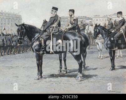 Kaiser Franz Joseph I. von Österreich mit Zar Nikolaus II. Von Russland und Gefolge bei der Parade in St. Petersburg 1897, um 1908. Private Sammlung. Stockfoto