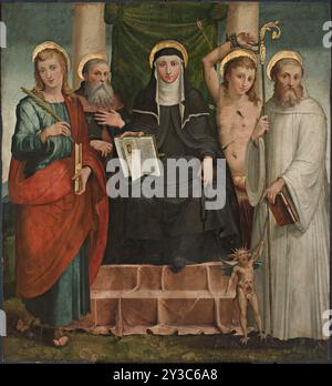 Die heilige Scholastica thronte um 1550 zwischen den Heiligen Johannes dem Evangelisten, Antonius dem Abt, Sebastian und Bernhard von Clairvaux. Gefunden in der Sammlung der Fondazione Cassa di Risparmio di Cesena. Stockfoto