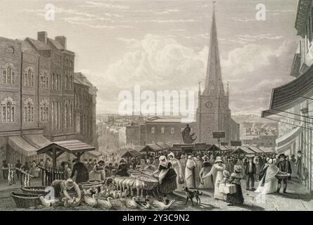 Der High Street Market, Birmingham, 1827. St. Martin's Church im Hintergrund, Bildmitte. Stockfoto