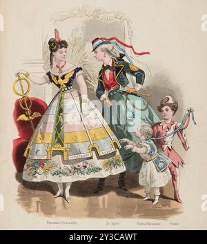 Modeteller - Fancy Dress - Journal des Demoiselles I, 1868. "Exposition Universelle; Le Sport; Toutou Havannais; Clown". Stockfoto