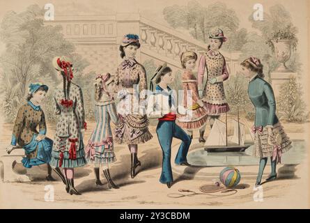 Die neuesten Pariser Fashions und Kinderkostüme, 1880. Nachtrag zu „The Queen, the Lady's Newspaper and Court Chronicle“. Stockfoto