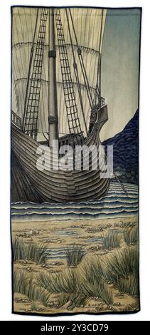 Suche nach dem Heiligen Gral Wandteppiche - Panel 5 - The Ship, 1900. Die fünfte Erzähltafel in den Wandteppichen des Heiligen Grals oder San Graal, eine Serie, die Szenen aus der Legende von König Artus und der Suche nach dem Heiligen Gral darstellt. Stockfoto