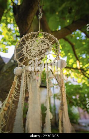 Detaillierte Ansicht eines Traumfängers, der an einem Baum in einem gut beleuchteten Garten hängt, Harz, Deutschland, Europa Stockfoto